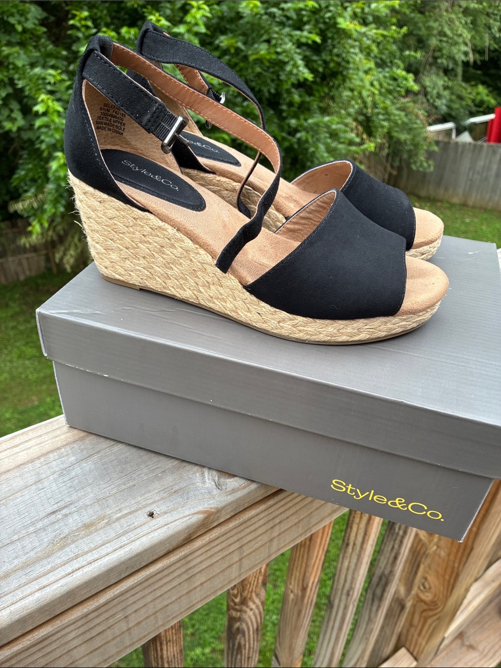 Style & Co. Black Espadrille Wedge Sandals with Ankle Strap